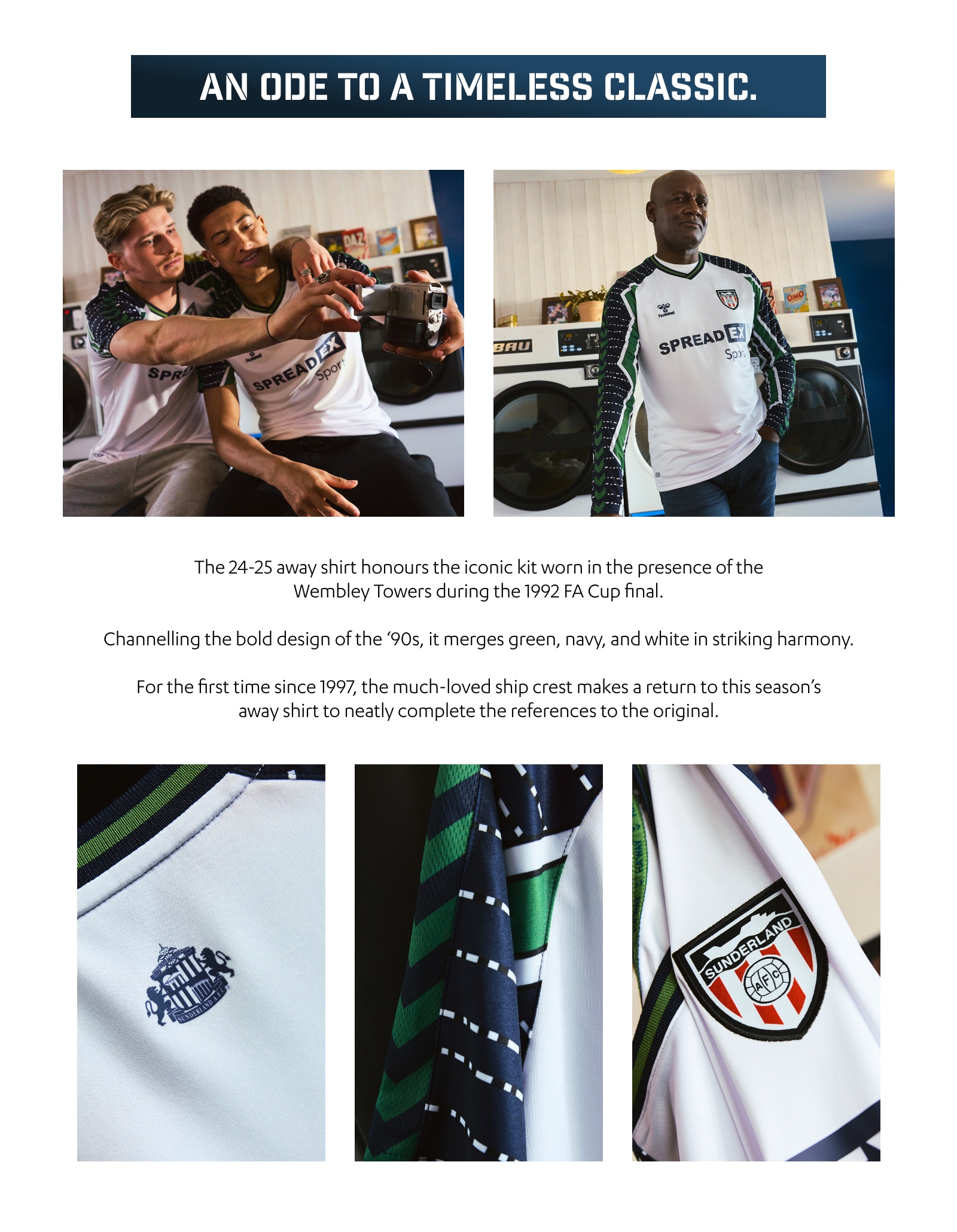 An ode to a timeless classic. The 24-25 away shirt honours the iconic kit worn in the presence of the Wembley Towers during the 1992 FA Cup final. Channelling the bold design of the '90s, it merges green, navy, and white in striking harmony. For the first time since 1997, the much-loved ship crest makes a return to this season's away shirt to neatly complete the references to the original.